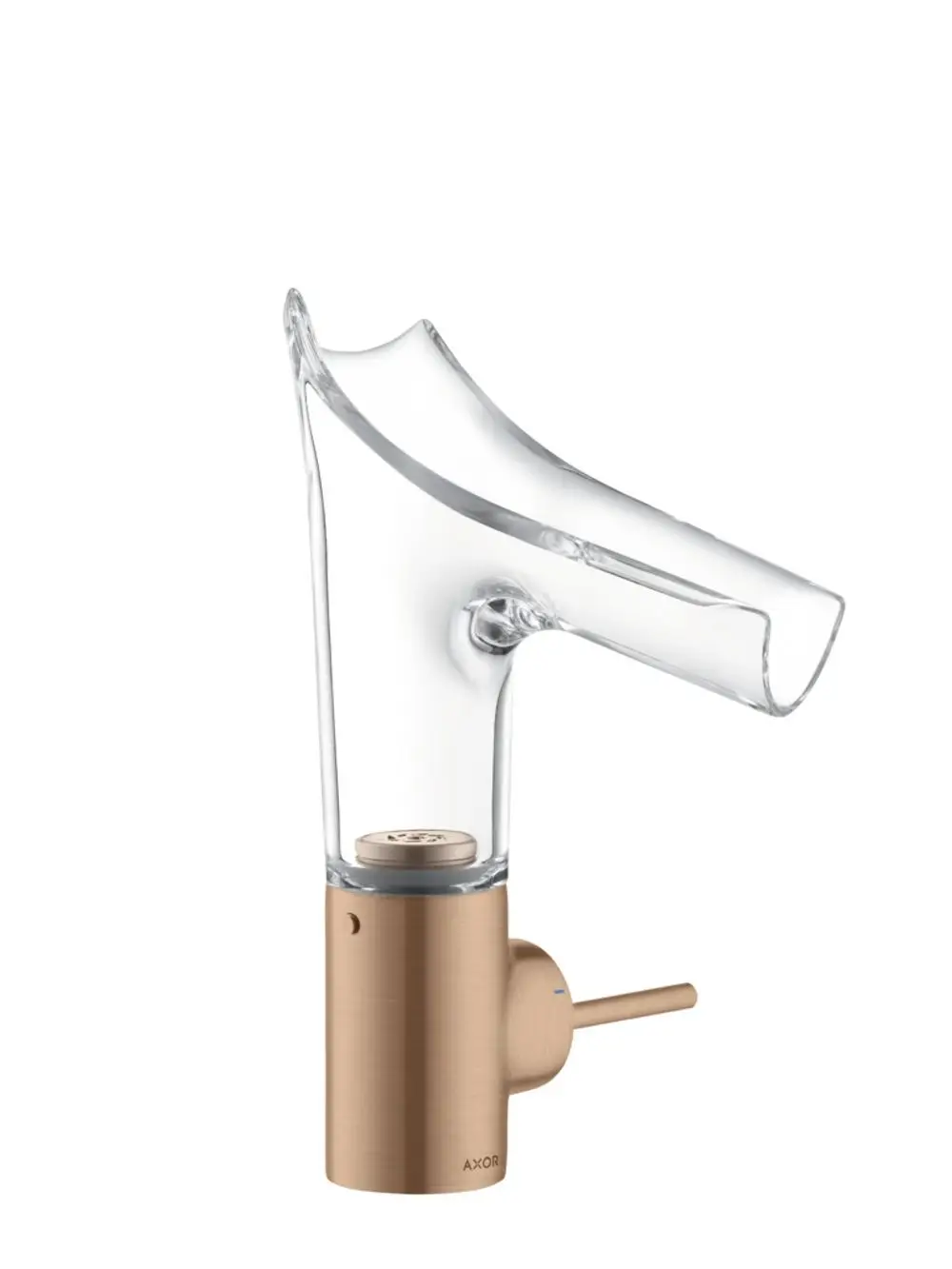 Ein Waschtischmischer von AXOR mit einem Glasauslauf in organischer Form und einem Gehäuse in gebürstetem Rotgold. Der Hebel zur Steuerung befindet sich seitlich.